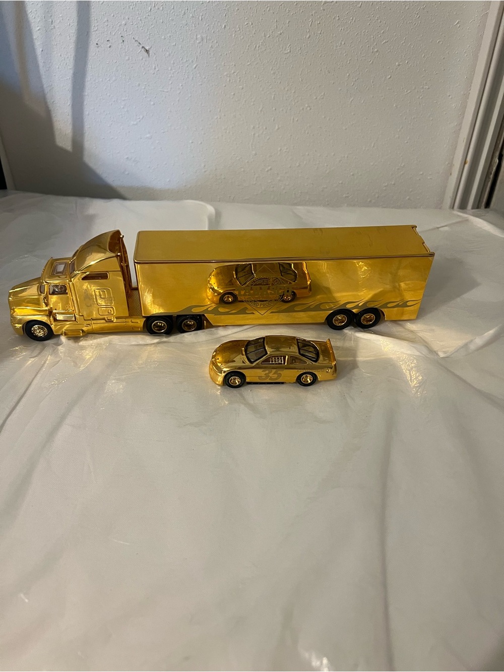 Gold Metallic Semi Truck and Race Car Toy Set - Kids Vehicles